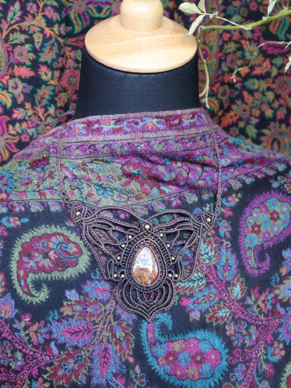 Boho Statement Macrame Necklace with Natural Stone
