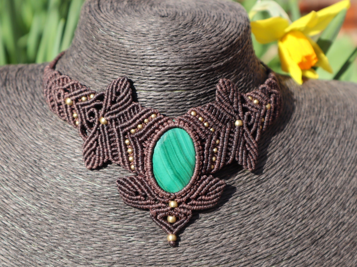 Makramee Collier mit Malachit
