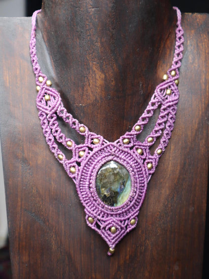 Lilac macrame necklace with labradorite, handmade chain, healing stone, fantasy, fairies, macrame choker