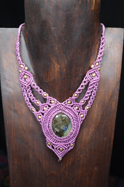 Lilac macrame necklace with labradorite, handmade chain, healing stone, fantasy, fairies, macrame choker