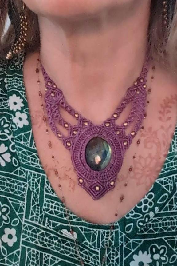 Lilac macrame necklace with labradorite, handmade chain, healing stone, fantasy, fairies, macrame choker