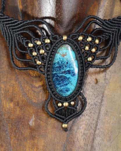 Chrysocolla Macrame Necklace brown: Boho Statement Jewelry for Women. Healing Crystal Choker, Elf Style, Brass Beads. Adjustable!