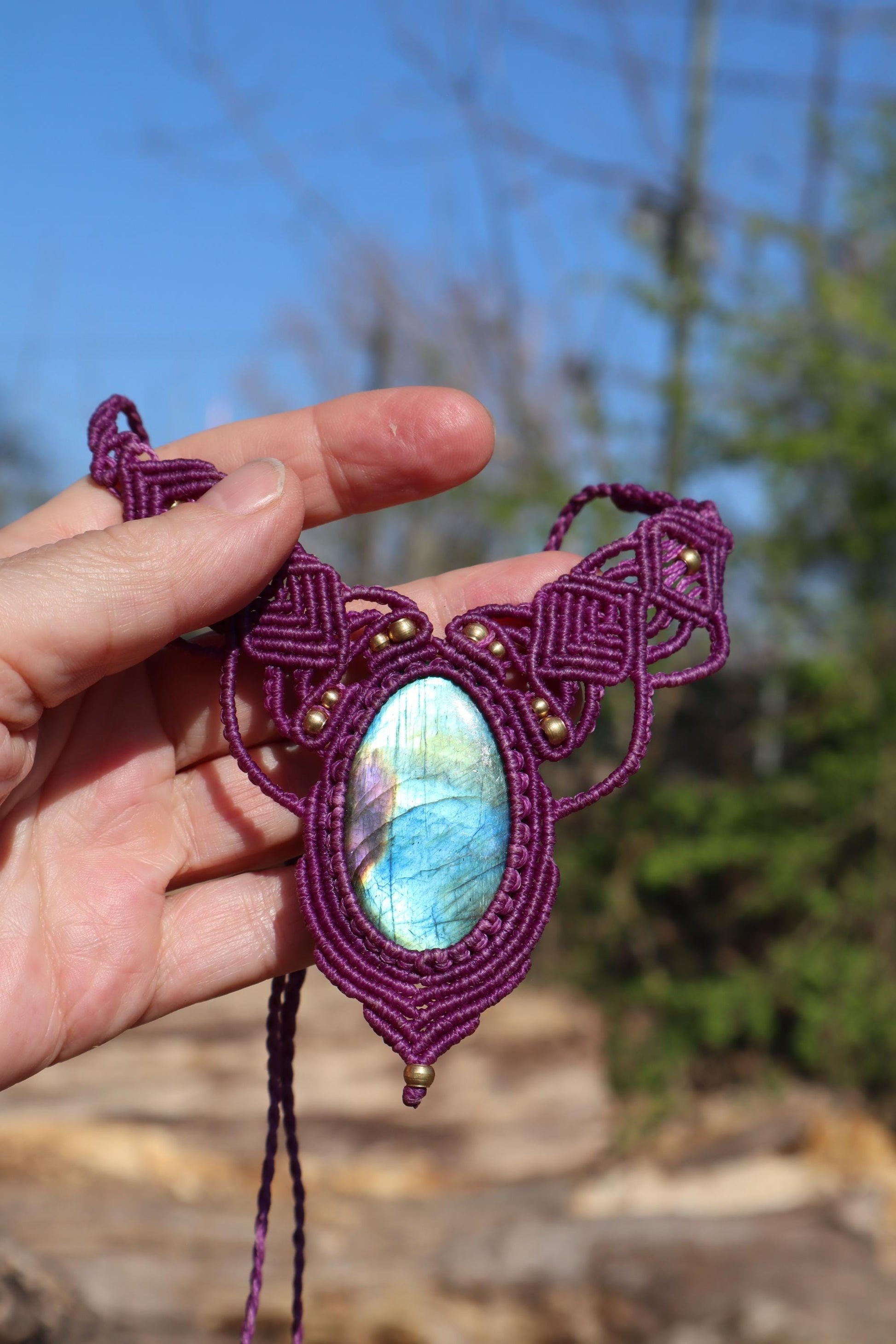 Labradorite Macrame Necklace Purple - Handmade Fairy Jewelry - Healing Stone Choker - Fantasy Elven Pendant - Unique Boho Gift for Her