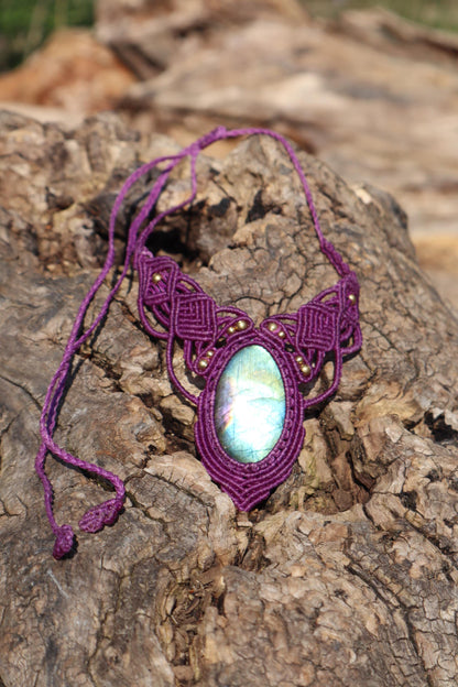 Labradorite Macrame Necklace Purple - Handmade Fairy Jewelry - Healing Stone Choker - Fantasy Elven Pendant - Unique Boho Gift for Her
