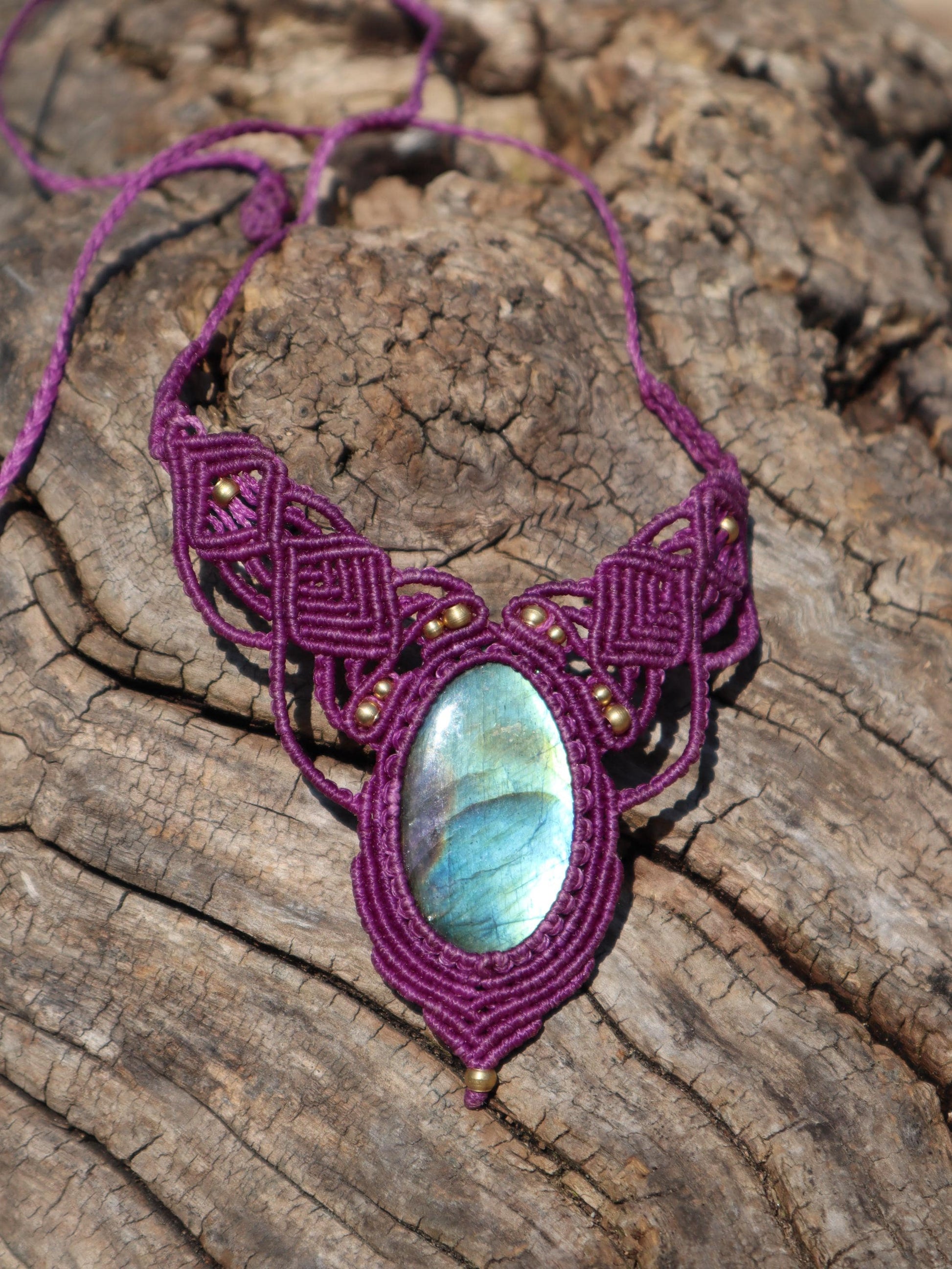Labradorite Macrame Necklace Purple - Handmade Fairy Jewelry - Healing Stone Choker - Fantasy Elven Pendant - Unique Boho Gift for Her