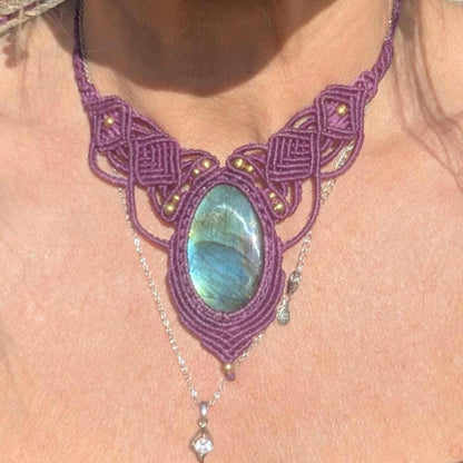 Labradorite Macrame Necklace Purple - Handmade Fairy Jewelry - Healing Stone Choker - Fantasy Elven Pendant - Unique Boho Gift for Her