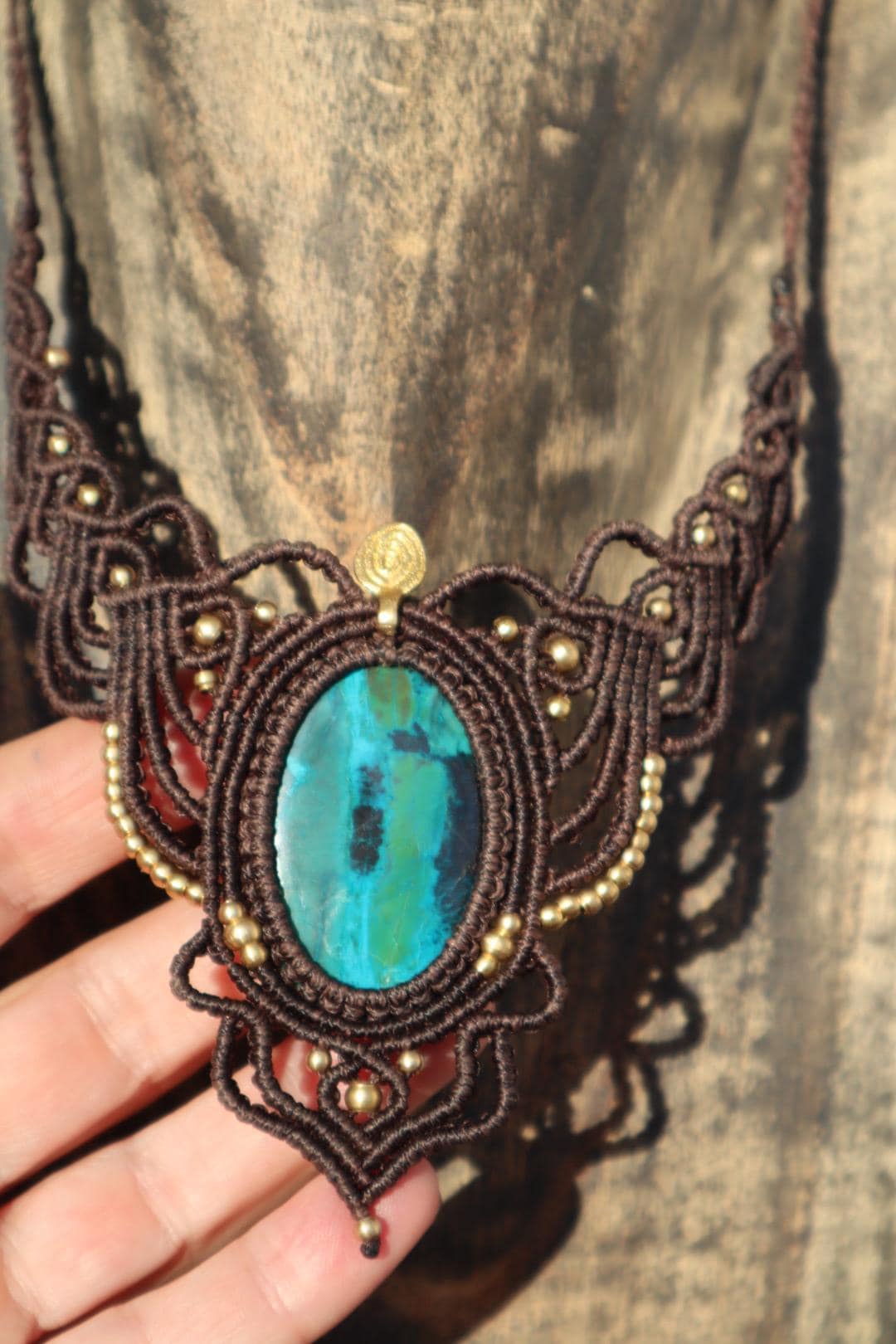 Chrysocolla Macrame Necklace brown: Boho Statement Jewelry for Women. Healing Crystal Choker, Elf Style, Brass Beads. Adjustable!