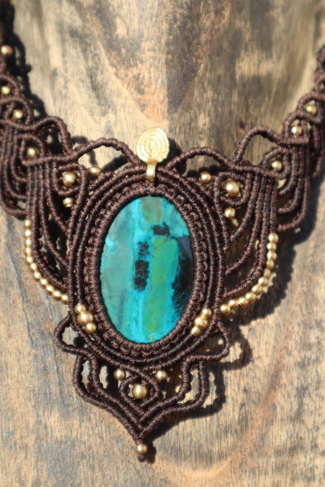Chrysocolla Macrame Necklace brown: Boho Statement Jewelry for Women. Healing Crystal Choker, Elf Style, Brass Beads. Adjustable!