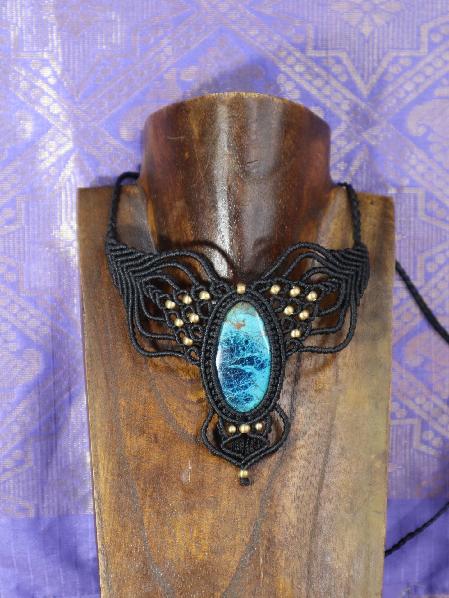 Chrysocolla Macrame Necklace brown: Boho Statement Jewelry for Women. Healing Crystal Choker, Elf Style, Brass Beads. Adjustable!