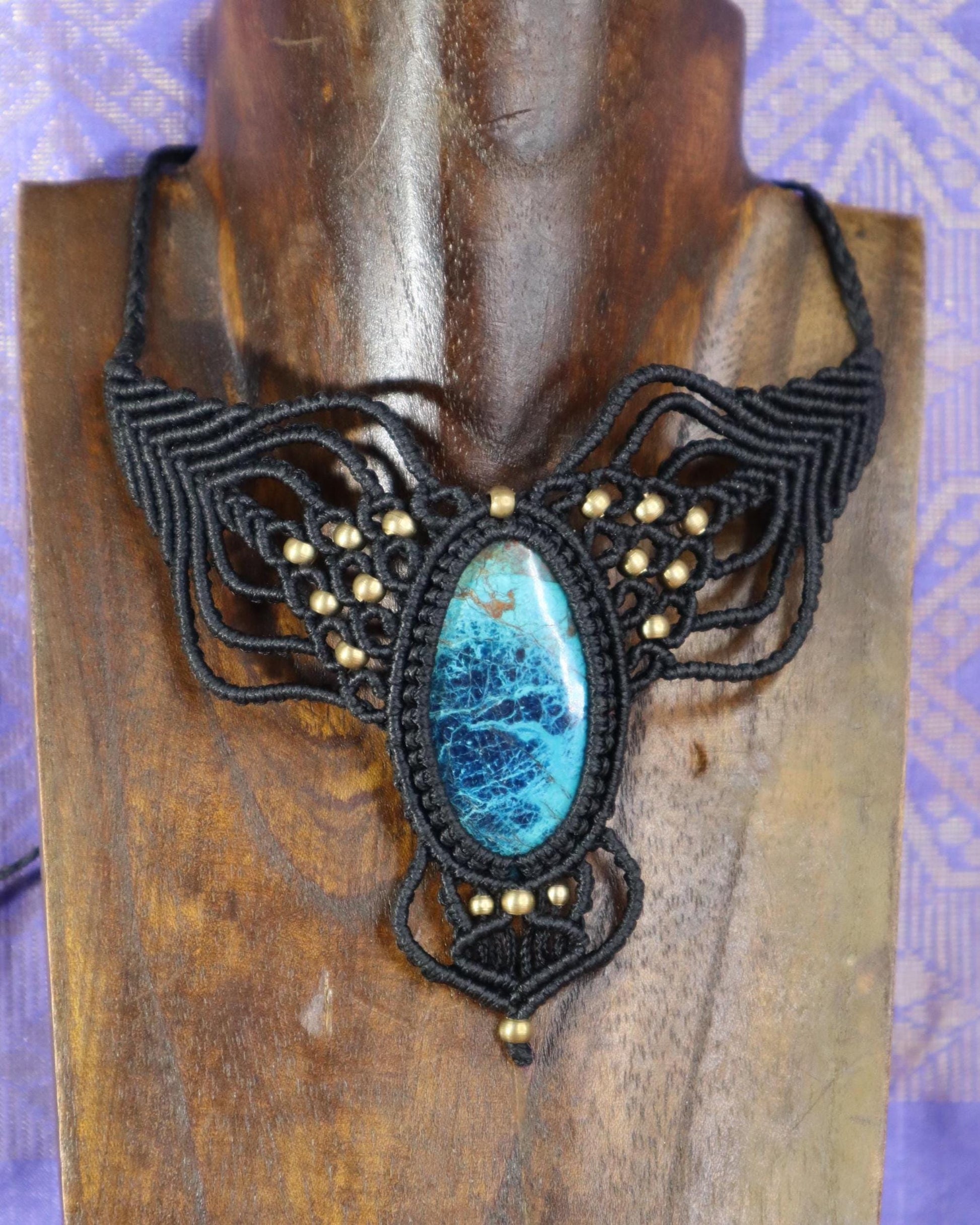 Chrysocolla Macrame Necklace brown: Boho Statement Jewelry for Women. Healing Crystal Choker, Elf Style, Brass Beads. Adjustable!