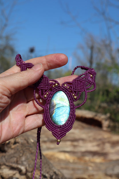 Labradorite Macrame Necklace Purple - Handmade Fairy Jewelry - Healing Stone Choker - Fantasy Elven Pendant - Unique Boho Gift for Her