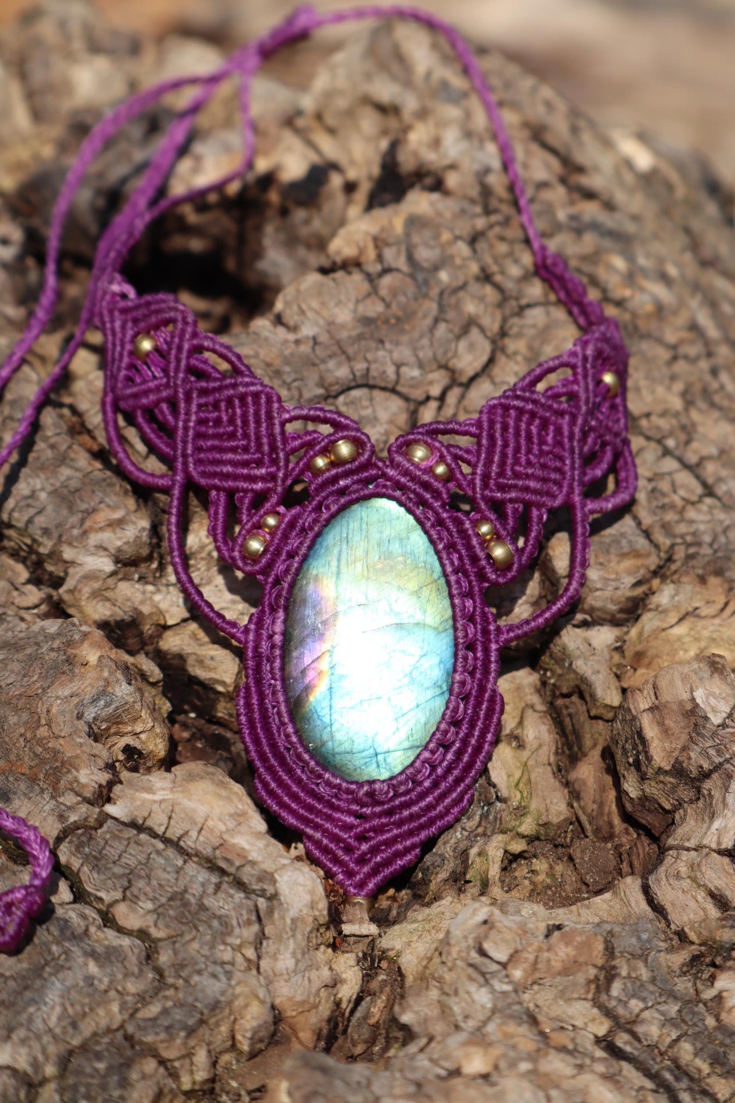 Labradorite Macrame Necklace Purple - Handmade Fairy Jewelry - Healing Stone Choker - Fantasy Elven Pendant - Unique Boho Gift for Her