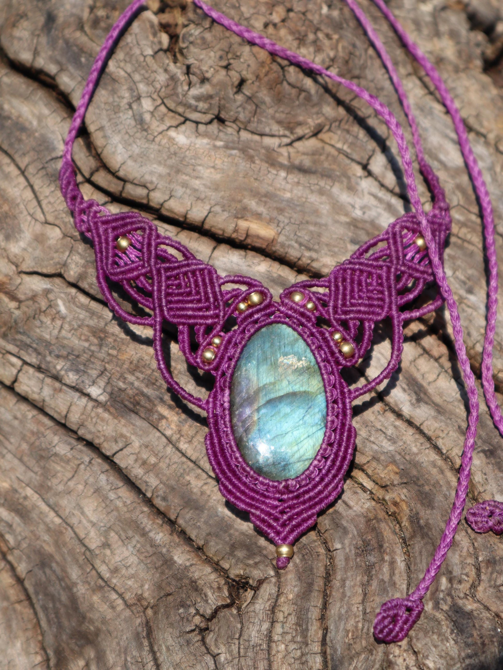 Labradorite Macrame Necklace Purple - Handmade Fairy Jewelry - Healing Stone Choker - Fantasy Elven Pendant - Unique Boho Gift for Her