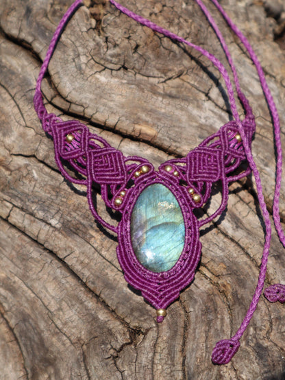 Labradorite Macrame Necklace Purple - Handmade Fairy Jewelry - Healing Stone Choker - Fantasy Elven Pendant - Unique Boho Gift for Her