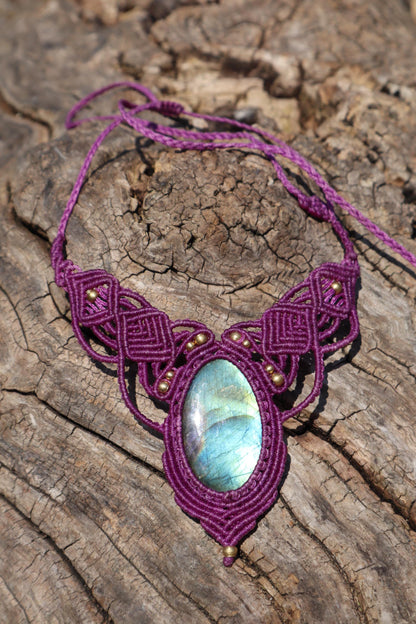 Labradorite Macrame Necklace Purple - Handmade Fairy Jewelry - Healing Stone Choker - Fantasy Elven Pendant - Unique Boho Gift for Her