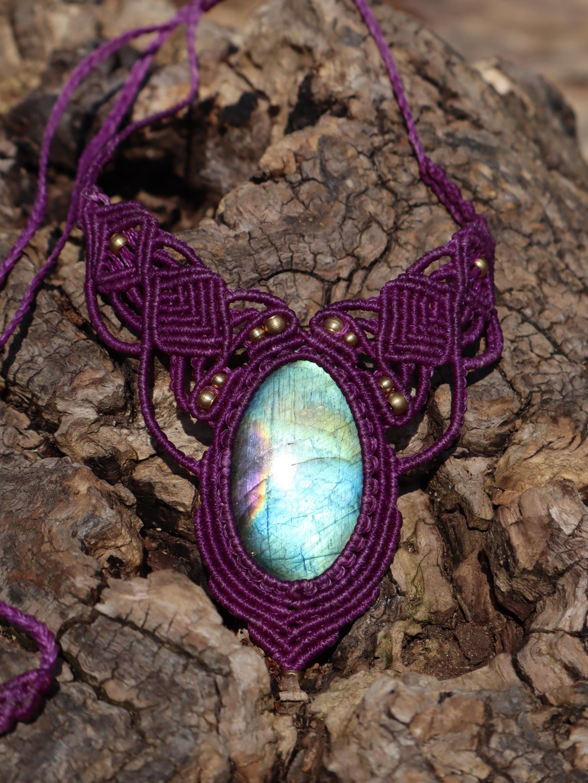Labradorite Macrame Necklace Purple - Handmade Fairy Jewelry - Healing Stone Choker - Fantasy Elven Pendant - Unique Boho Gift for Her