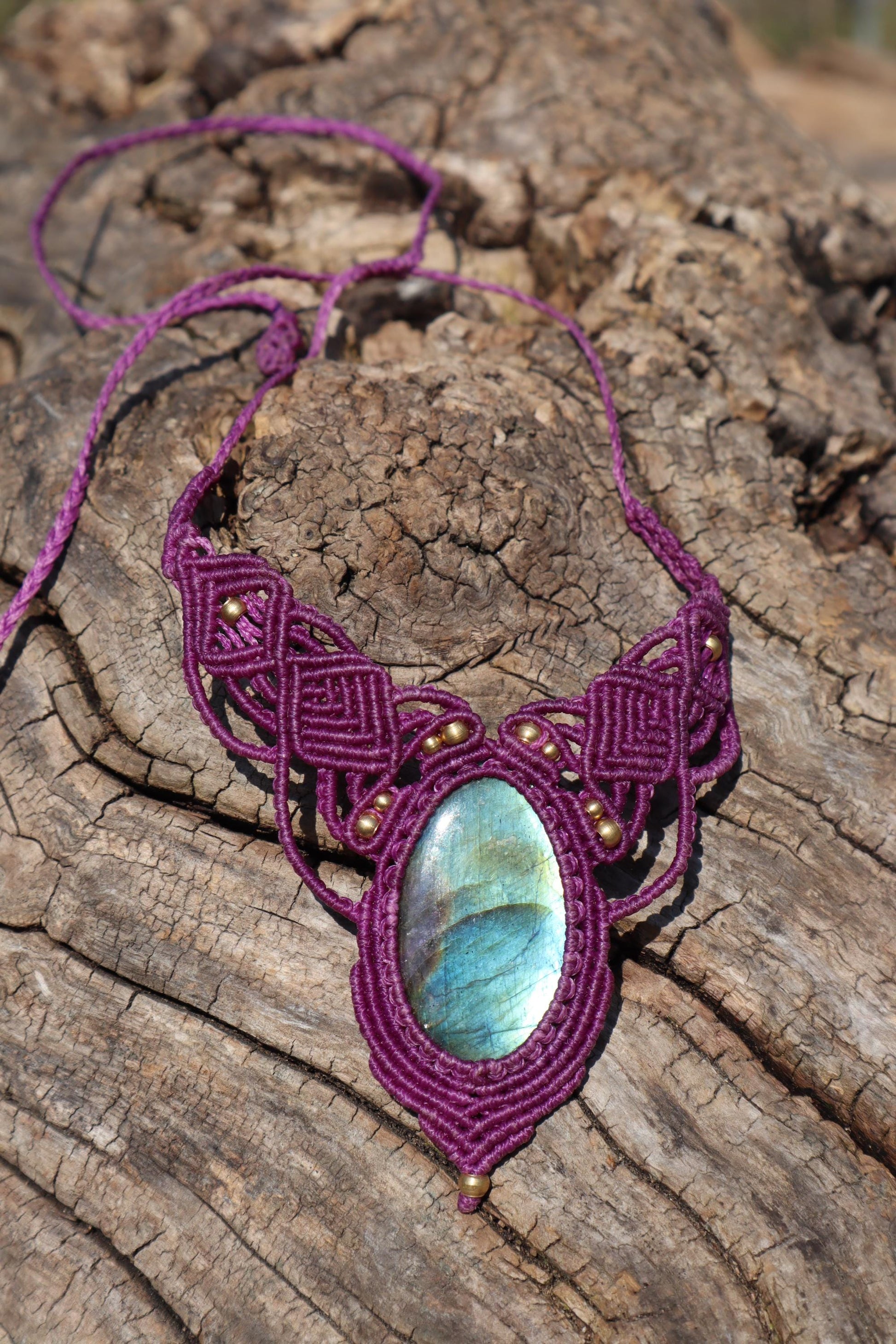 Labradorite Macrame Necklace Purple - Handmade Fairy Jewelry - Healing Stone Choker - Fantasy Elven Pendant - Unique Boho Gift for Her