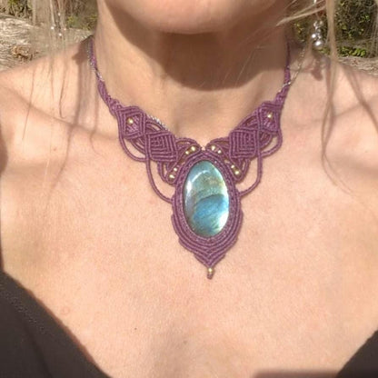 Labradorite Macrame Necklace Purple - Handmade Fairy Jewelry - Healing Stone Choker - Fantasy Elven Pendant - Unique Boho Gift for Her