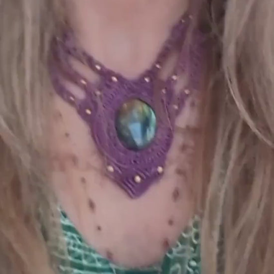Lilac macrame necklace with labradorite, handmade chain, healing stone, fantasy, fairies, macrame choker