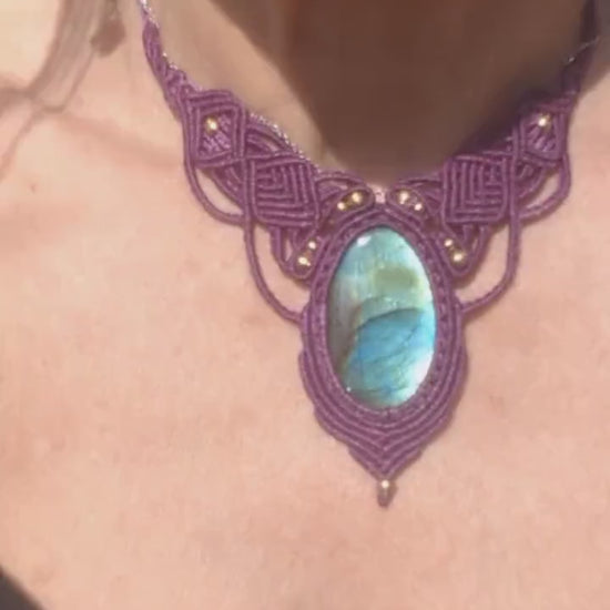 Labradorite Macrame Necklace Purple - Handmade Fairy Jewelry - Healing Stone Choker - Fantasy Elven Pendant - Unique Boho Gift for Her
