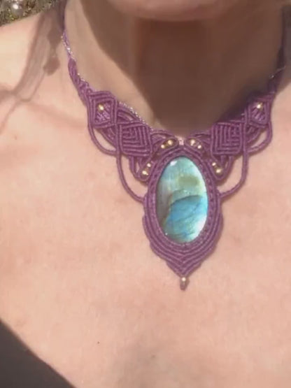 Labradorite Macrame Necklace Purple - Handmade Fairy Jewelry - Healing Stone Choker - Fantasy Elven Pendant - Unique Boho Gift for Her